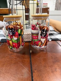 Christmas Boxer Puppy Glass Can Cups Set of 2