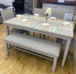 ✅️✅️ 6 pc light finish wood dining table set padded seat chairs and bench ✅️✅️