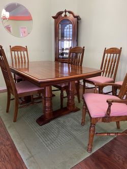 Oak Dining Table Set with Hutch and Curio Cabinet