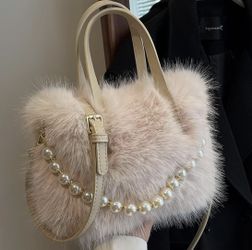 Elegant Cream Faux Fur Handbag with Pearl Accent