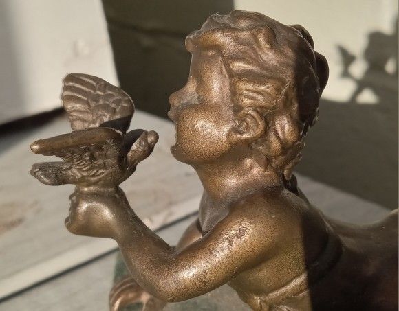 Vintage Andrea By Sadek 6" Bronze Boy Kissing Bird On Green Marble Base Figurine