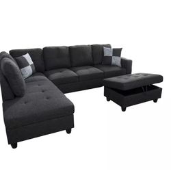 Black Sectional Couch With Ottoman . Fabric 