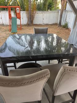 48x48 Faux Marble Dining Table with 6 Upholstered Chairs