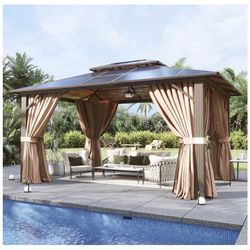 New In Box,10x12 Polycarbonate Hardtop Gazebo With Curtain And Netting 