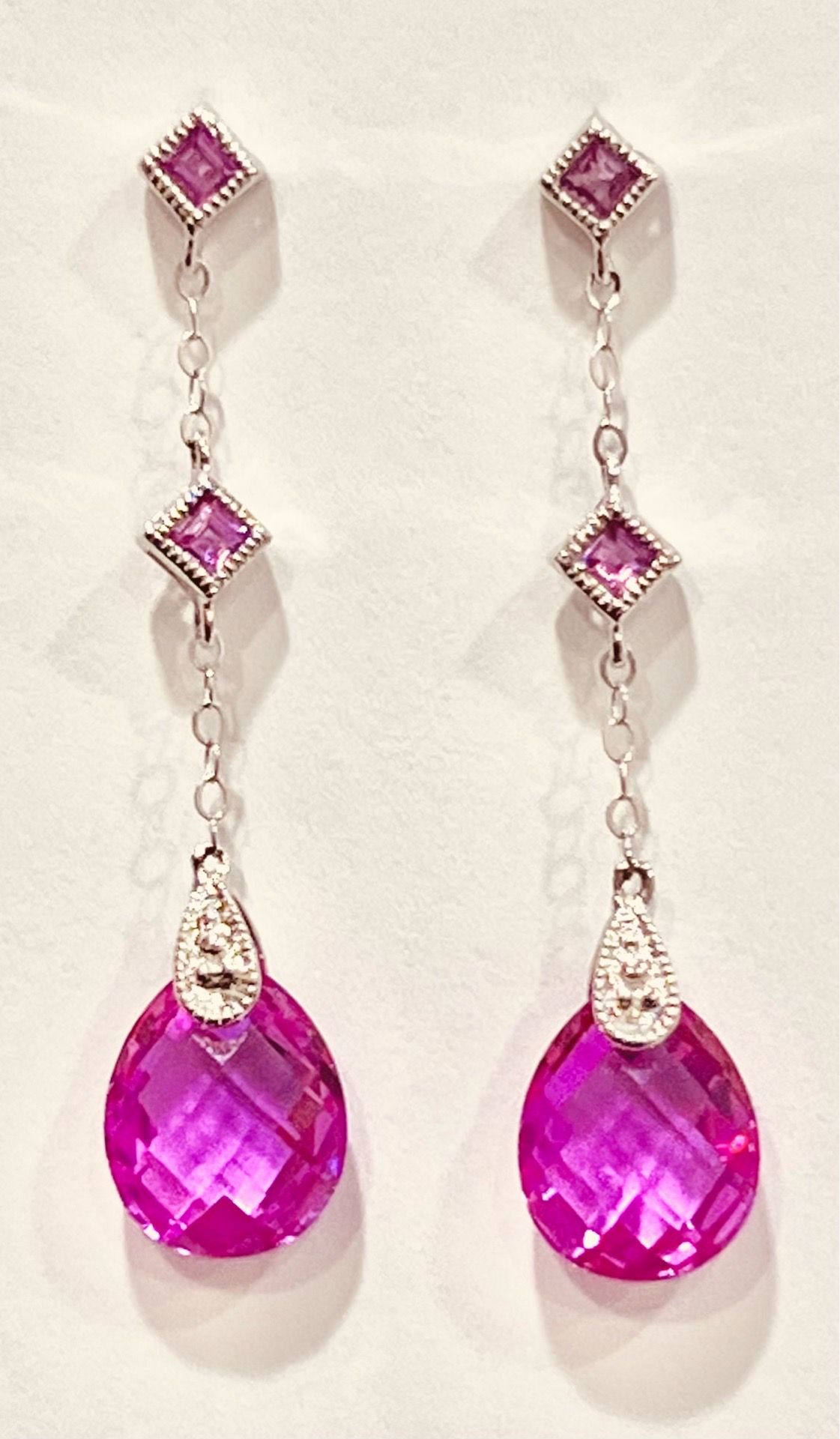 ✨Sapphire NEW Stunning Bright Pink Teardrop Dangle Earrings White Gold Cushion Cut