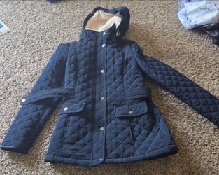 Navy Blue Fleece-Lined Hooded Quilted Jacket