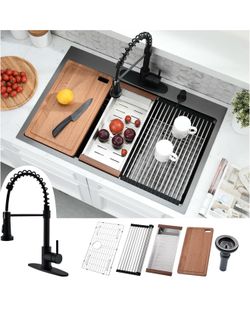 33 x 22 Black Drop In Kitchen Sink with Faucet Combo - 33 Inch Black Stainless Steel Kitchen Sink and Faucet Combo Set, Single Bowl 33 x 22 Drop In Si