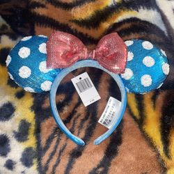 Disney Parks Minnie Mouse Light Blue Polka Sequin Pink Bow Ears Headband