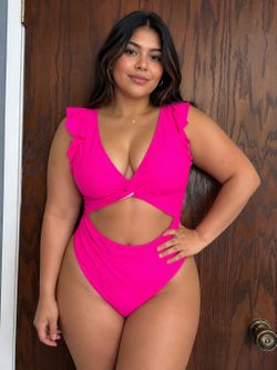 Hot Pink One Piece Swimsuit XXL Ruffle V Neck Cutout Tummy Control