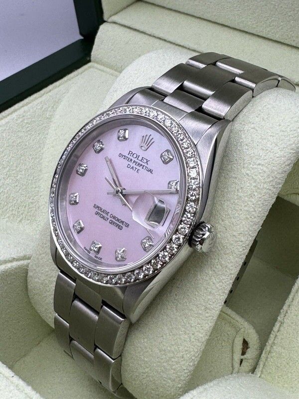 1996 Rolex Date Pink Mother of Pearl Diamond Dial and Diamond Bezel 15200