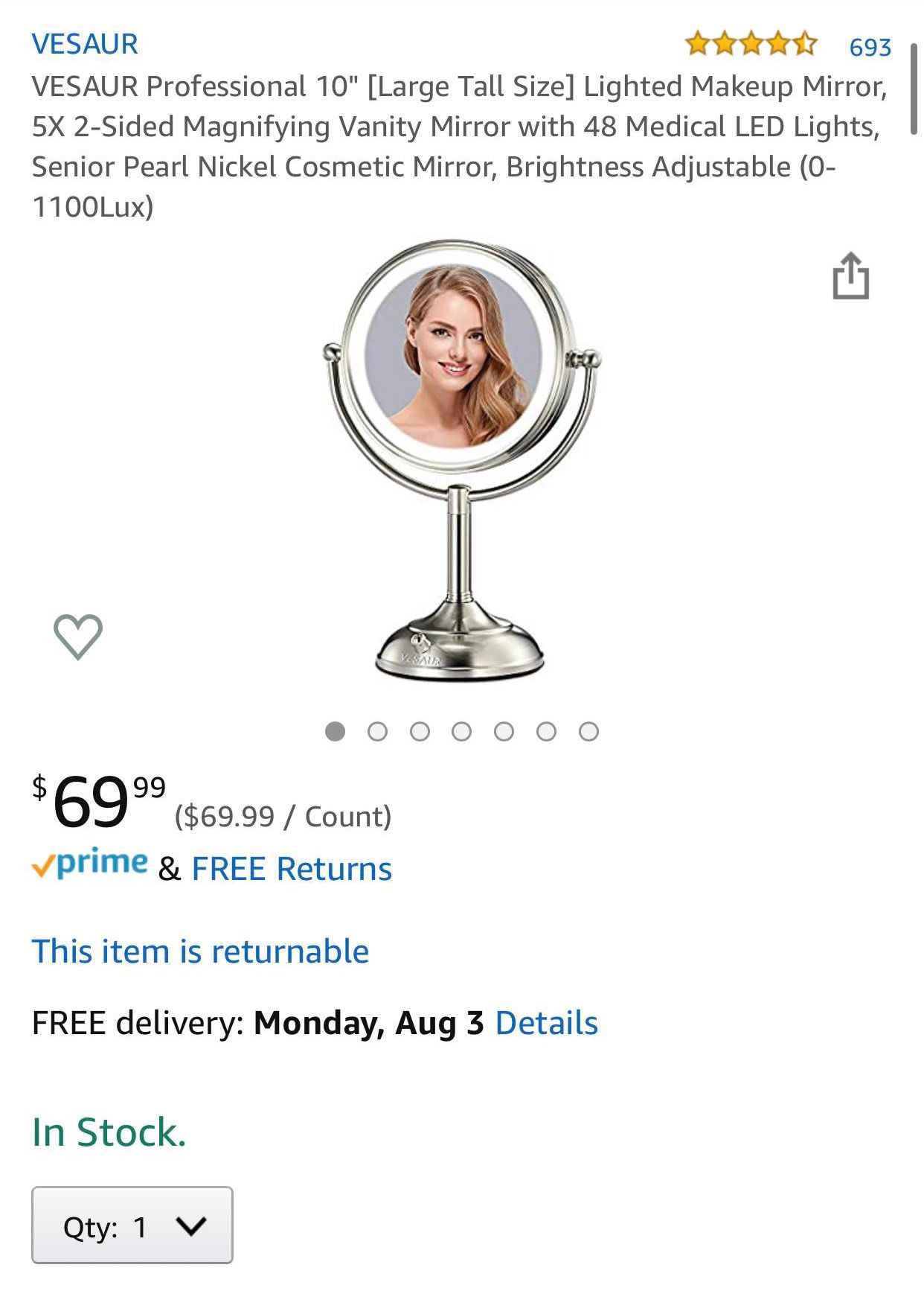 VESAUR Professional 10" [Large Tall Size] Lighted Makeup Mirror, 5X 2-Sided Magnifying Vanity Mirror with 48 Medical LED Lights, Senior Pearl Nickel