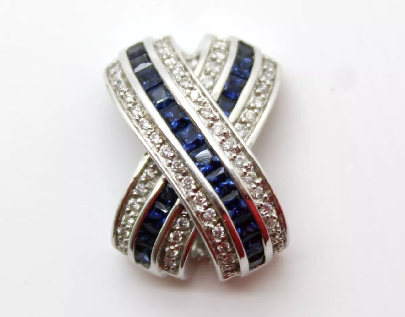14k Solid White Gold Featuring Diamonds & Blue Sapphires "X" style Pendant