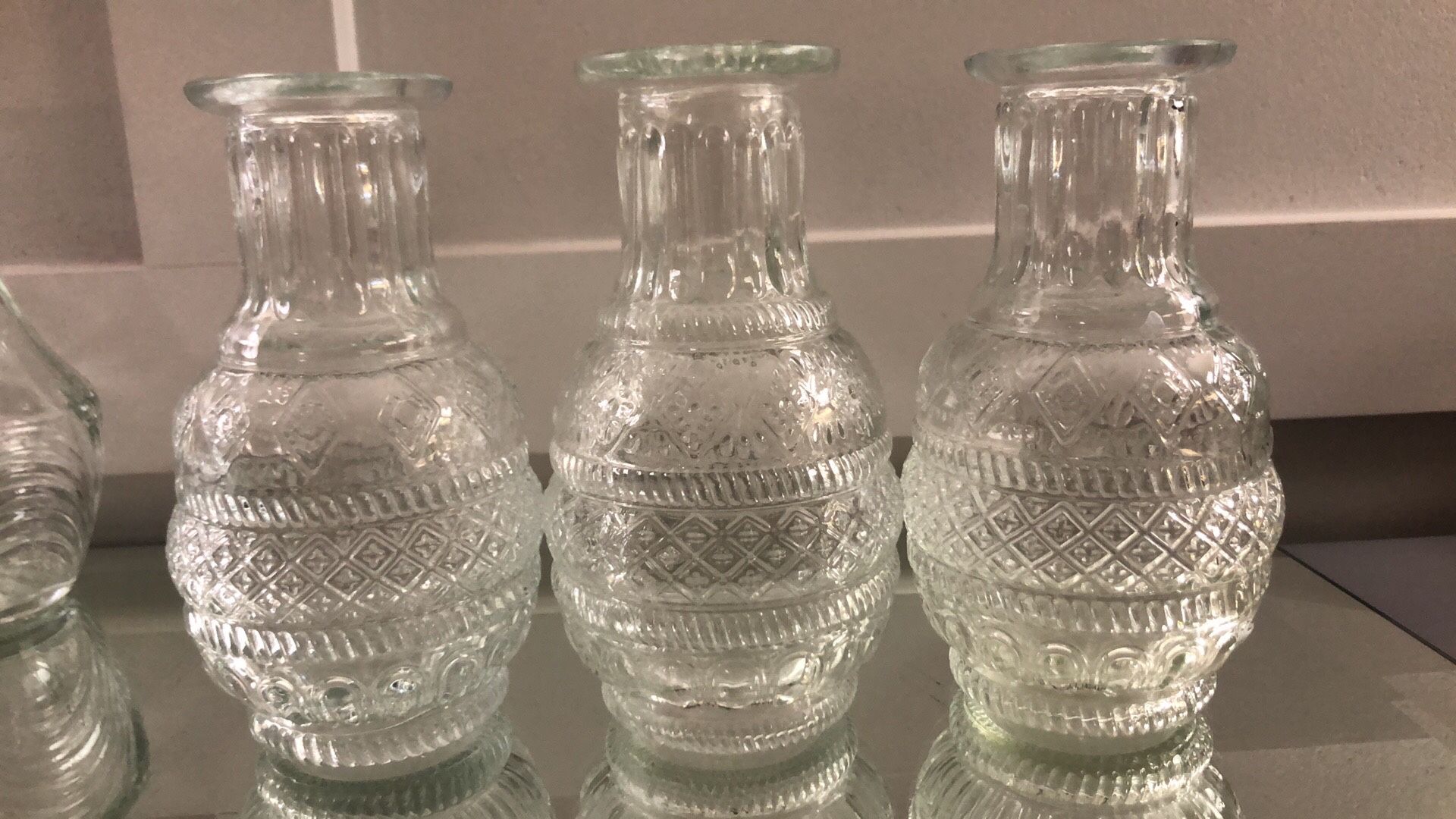 price Slashed! All (7) $15Clear Detailed Design Vintage Glass Round Bud Vase Height 5.25 total count 