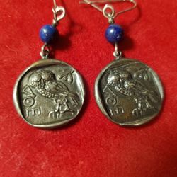 Vintage Sterling Silver Godess Coin And Lapis Luzuli Earrings 