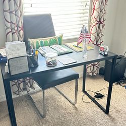 Computer desk, chair and paper shredder