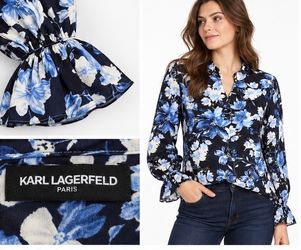NWOT Karl Lagerfeld Paris Blue Floral Ruffle Blouse