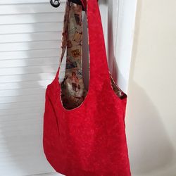 Reversible Handmade Boho Style Tote Bag, Route 66 Girls 1950s Style Pattern With Red On Opposite Side