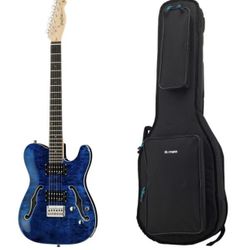 Harley Benton TE-90QM HH Trans Blue Semi-Hollow Electric Guitar + Gig Bag