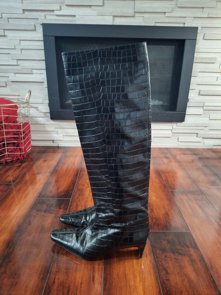 Staud "Wally Boot" Black Croc-Embossed Knee-High Boots, Size 39.5 US 9.5