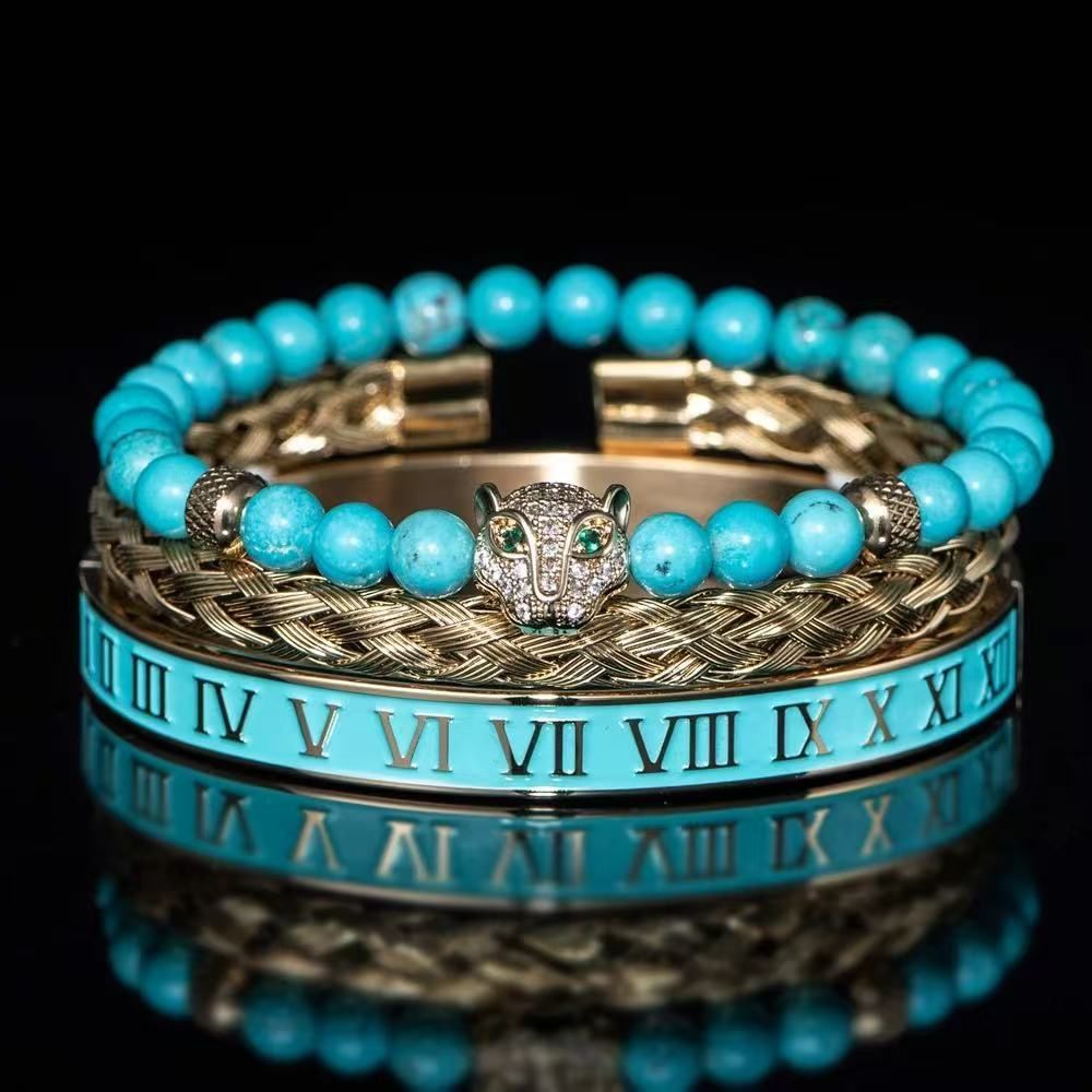 Rare Design Copper-Gold Engraved Full-Diamond Leopard Head Greenstone Elastic Bracelet