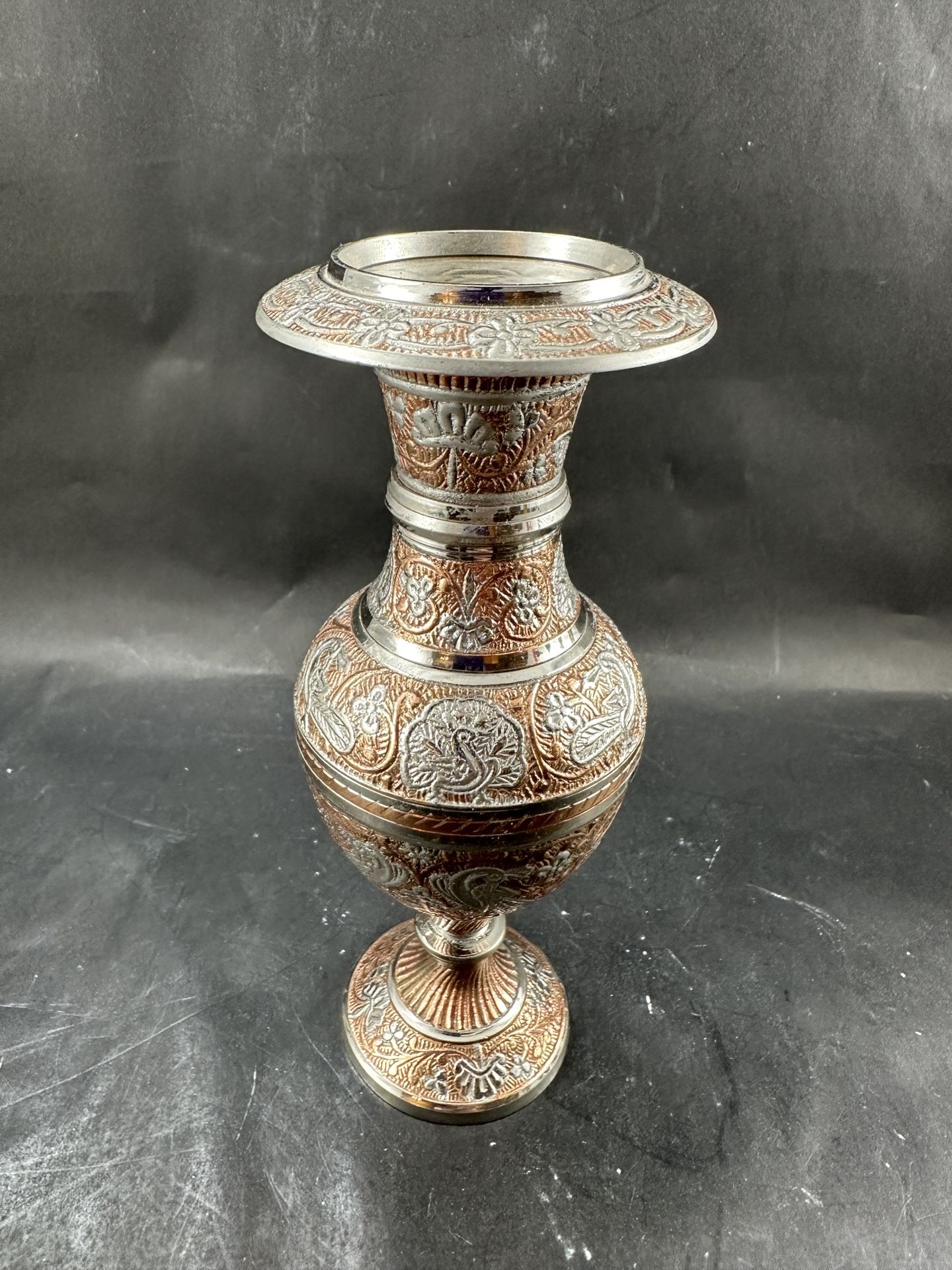 Vintage Persian Style Engraved Silver & Copper Floral Vase