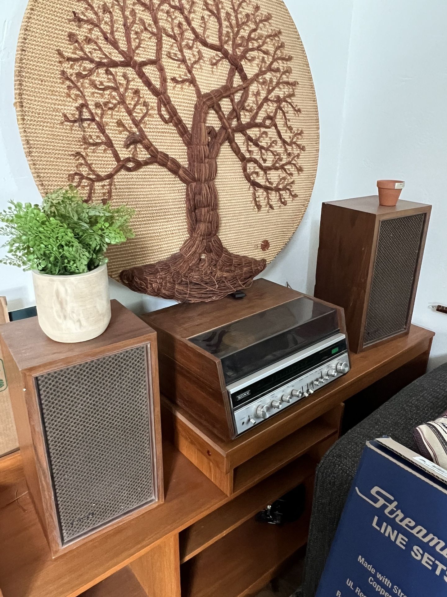 Mid century Living Room Set. Stereo Cabinet And Woven Art