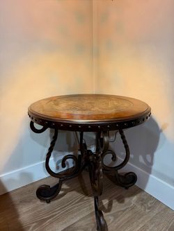 Round Accent Table with Wrought Iron Base