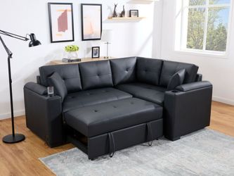 84.5"W Black PVC Fabric Sleeper Sectional with USB Charger, Cupholders, Storage Arms
