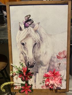 Framed Horse Canvas Wall Art with 3D Flowers