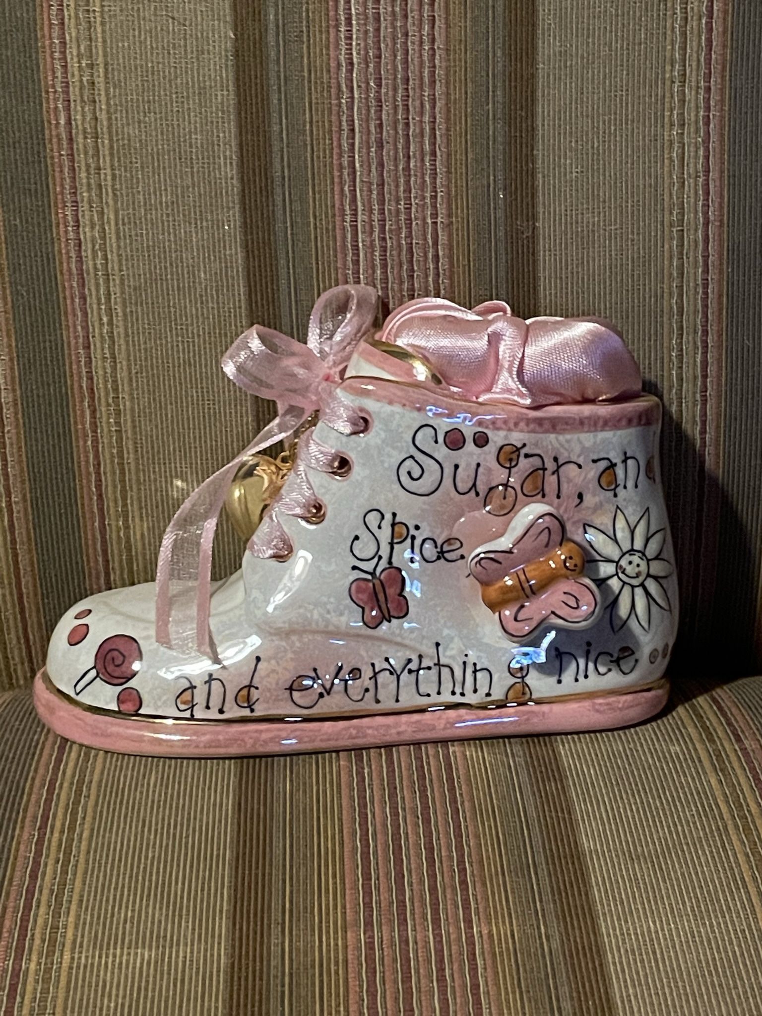 Vintage Pink Porcelain Baby Shoe Keepsake - Hand-Painted, Musical, Sugar and Spice Theme