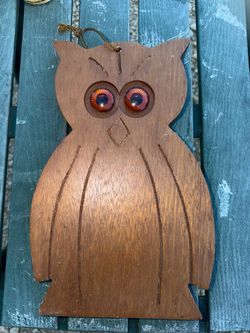Vintage Carved Wooden Owl Wall Hanging Art With Orange Eyes. Has a drip of paint on top/back & some marks see pics