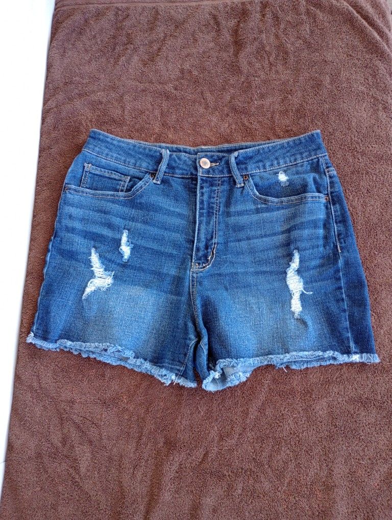 Time And Tru Shorts Womens Size 14 Cut Off Destroyed Denim High Rise Dark Wash