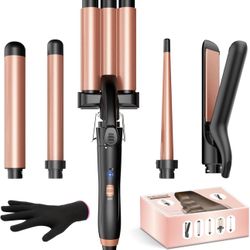 NEW IN BOX Curling Iron Set-5 in 1 Curling Wand Set with Hair Straightener, 3 Barrels Hair Crimper, 3 Curling Irons (0.35 "-1.25"), 2 Temps Fast Heat 