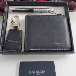 Balmain Paris,  Leather Ballpoint Pen, Wallet, Keychain Gift Set.