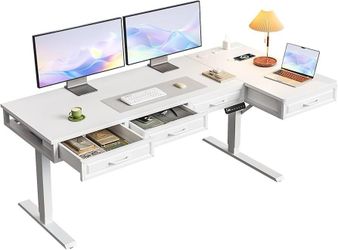 DK131 $160  L Shaped Electric Standing Desk with Wooden Drawers, 63 Inch Height Adjustable Corner Workstation with Power Outlets, Sit Stand Table for 