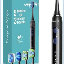 COSLUS Sonic Electric Toothbrush for Adults: 3 Intensities & 5 Modes Gum-Friendly for Deep Cleaning & Whitening - 2 Types of Heads for Family, Sensiti
