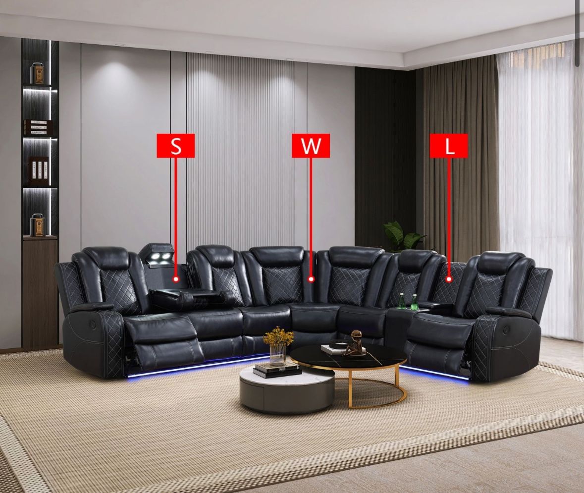 Black Breathing Leather 3-Piece Living Room Recliner Sofa