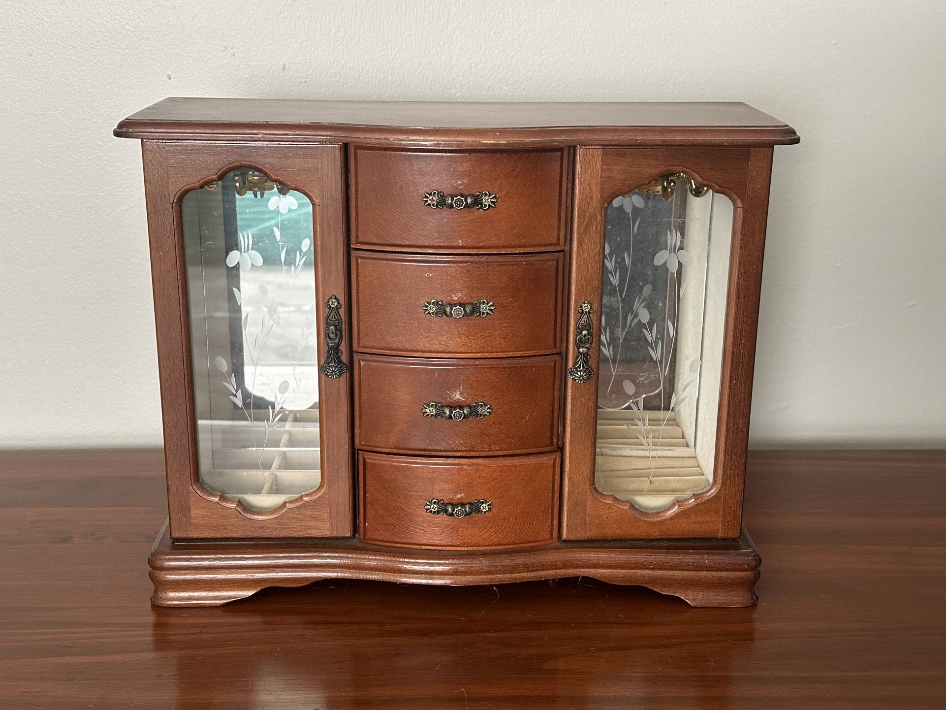 Vintage Wood Jewelry Armoire Box With Necklace Carousel