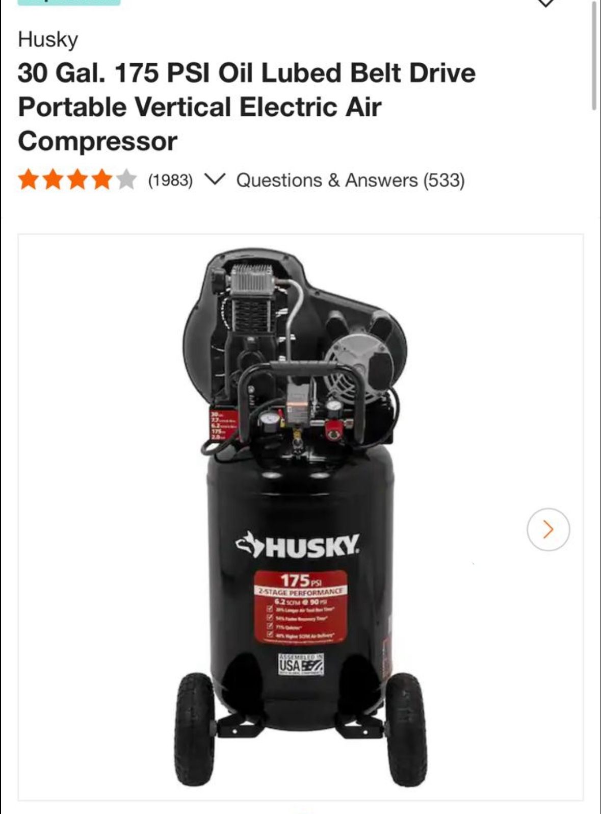 Husky 30 Gal. 175 PSI Oil Lubed Belt Drive Portable Vertical Electric Air Compressor