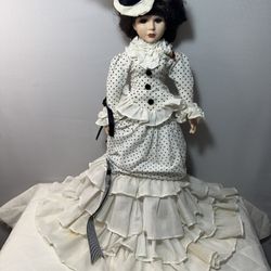 Vintage Victorian Porcelain Doll Polkadot Dress Hat Shoes Undergarments 18” Tall