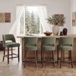 Bar Stools Set of 4, 26" Fabric Counter Height Bar Stools, Green Modern Upholstered Counter Stools with Rubberwood Legs for Kitchen Island D