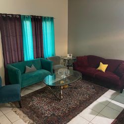 Sofa, LoveSeat And 2 Side Chairs And Matching Curtains. 