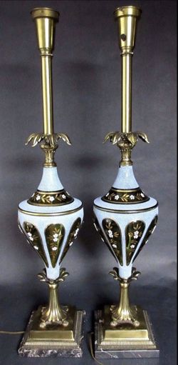Pair of Vtg Italian Torchiere Marble Glass Brass Table Lamps Hollywood Regency