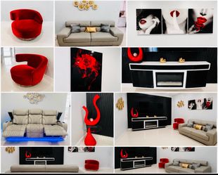 Se vende sofás de piel, reclinables, silla roja de tercio pelo, cuadros de acrílico, adorno, y chimenea con bocina Bluetooth Todo de el Dorado usado p
