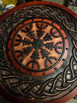 Handmade Wood Norse Wall Hanging – Carved Compass Knotwork Decor (27" Round)
