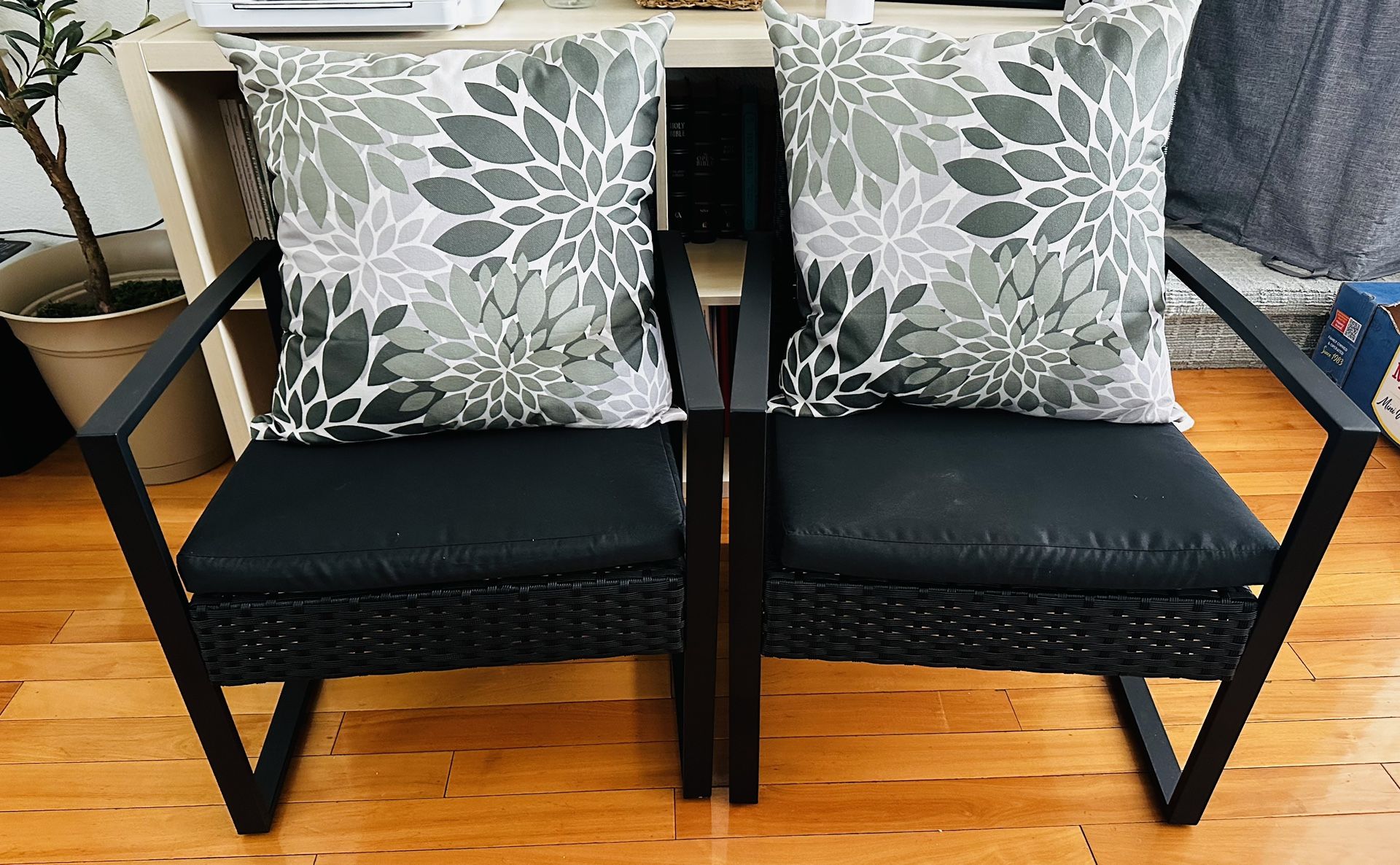 Like-New 2 Piece Black Outdoor Wicker Chairs + Waterproof Covers