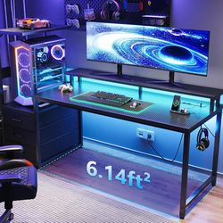 59 Inch Gaming Desk with USB Charging Ports & LED Light- Reversible Computer Desk with Storage Sh