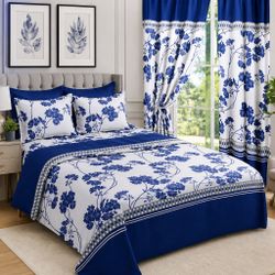 Blue Floral Bedding Set with Curtains 8 pieces