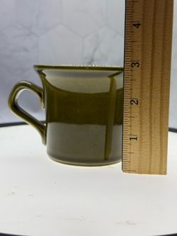 (1) Vintage Avocado Green Mug. Made in USA. 1970s Glazed Ceramic Stoneware 3” x 3.25”. Rare replacement