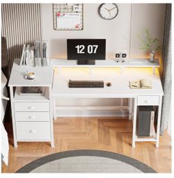 White Gaming Desk with Drawers and Electric Outlet.
